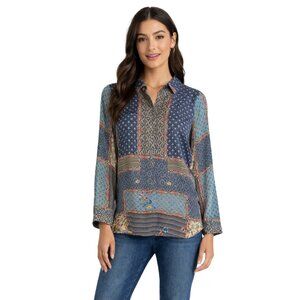 Johnny Was M Patchwork Silky Cupra Rayon Pullover Blouse Tunic Roll-Tab Sleeve